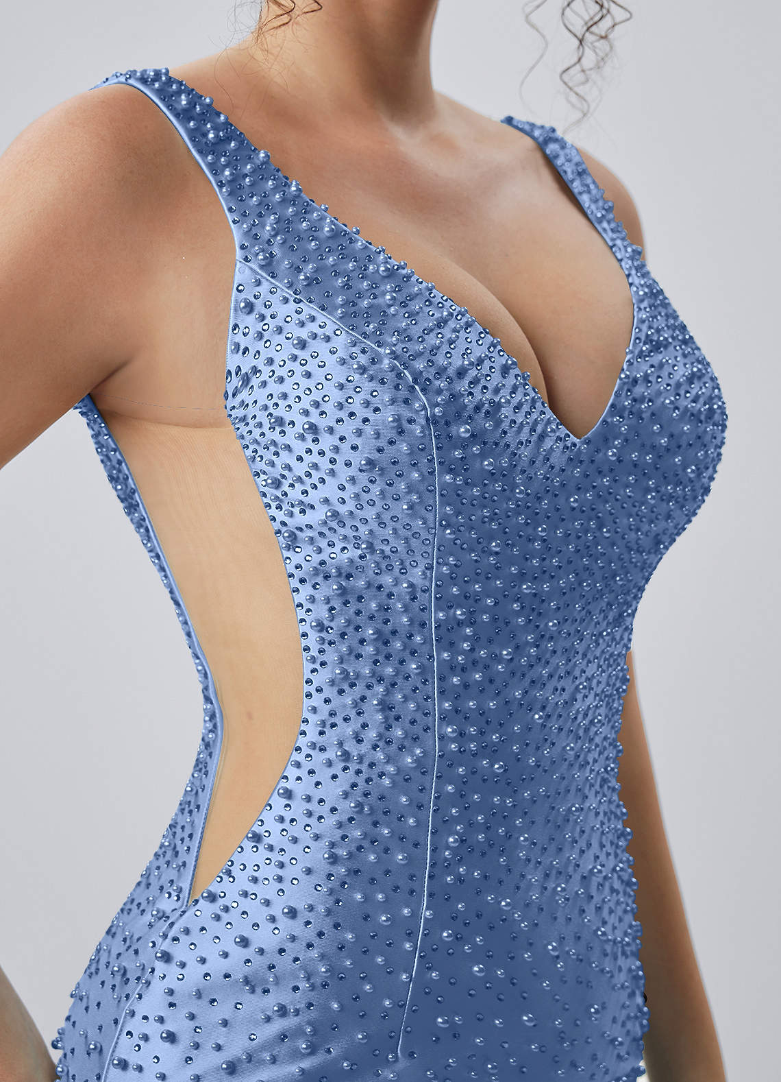Lowillen Bodycon Mini V-Neck Stretch Satin Prom Dress in Powder Blue