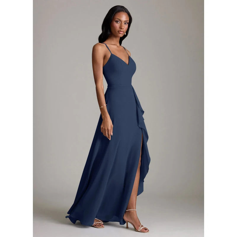 Naeem A-Line V-Neck Chiffon Bridesmaid Dress in Dark Navy - additional view 17