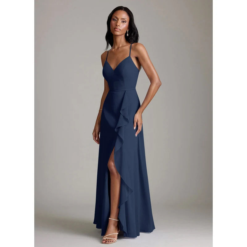 Naeem A-Line V-Neck Chiffon Bridesmaid Dress in Dark Navy - additional view 18