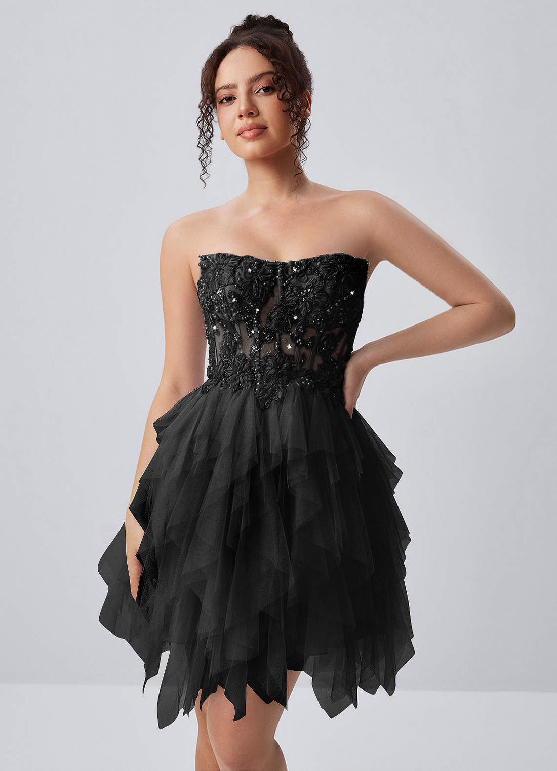 Madeline A-Line Mini Strapless Floral Tulle Prom Dress in black