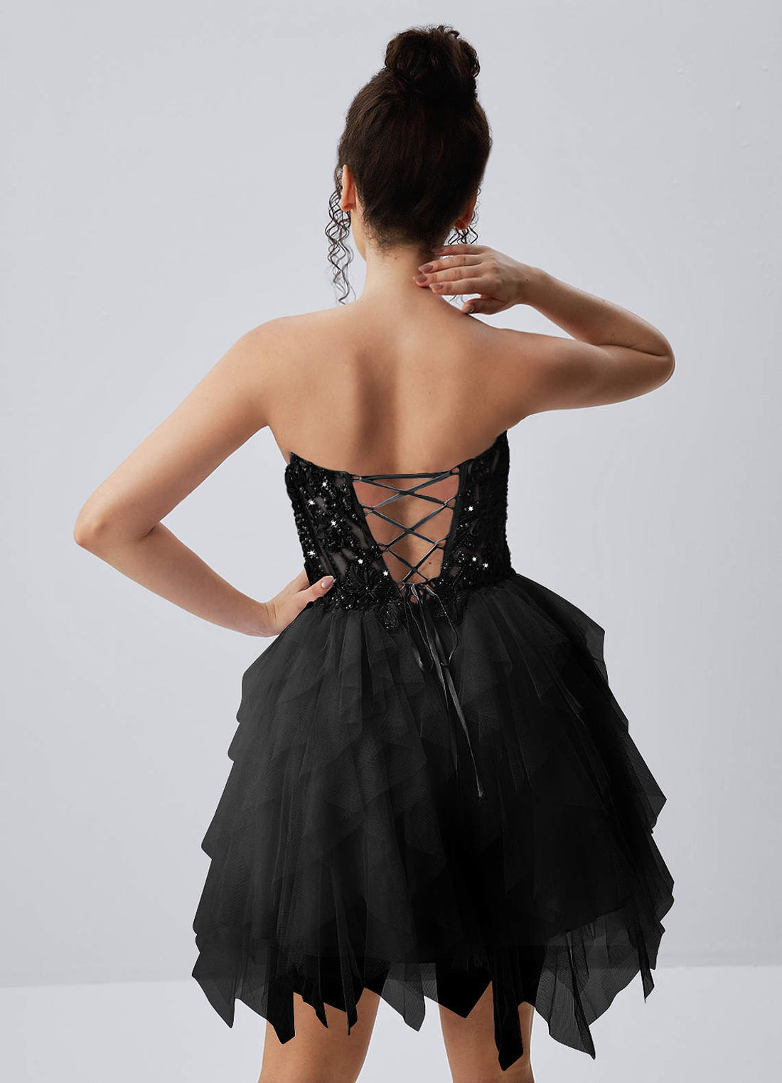 Madeline A-Line Mini Strapless Floral Tulle Prom Dress in black