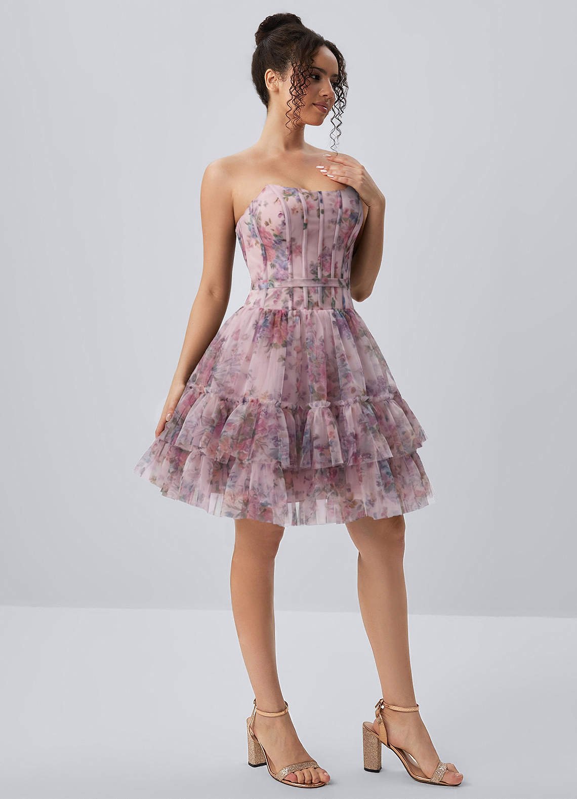 Mapalo A-Line Strapless Tulle Prom Dress in Pink Floral