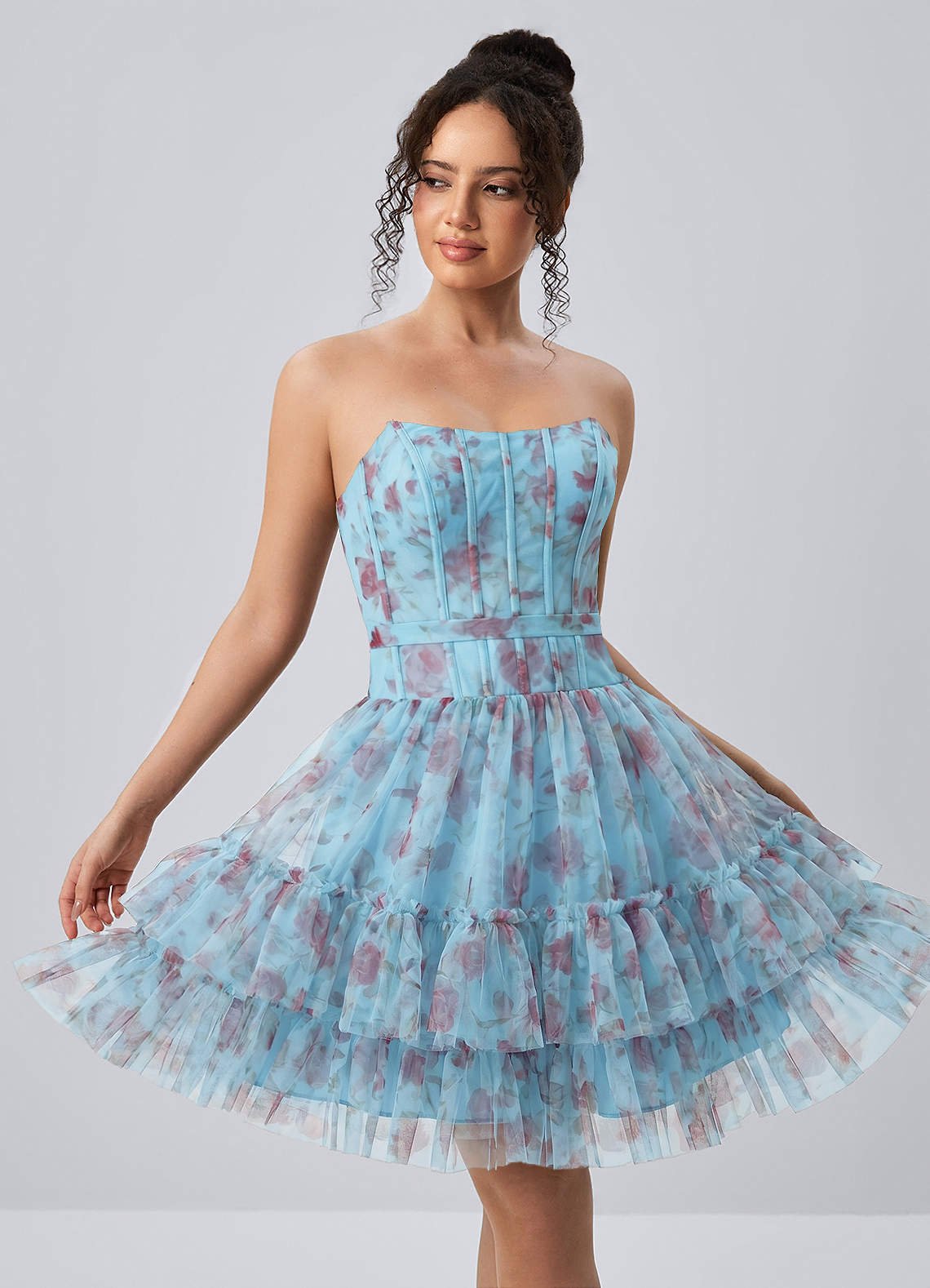 Mapalo A-Line Strapless Tulle Prom Dress in Pink Leaf