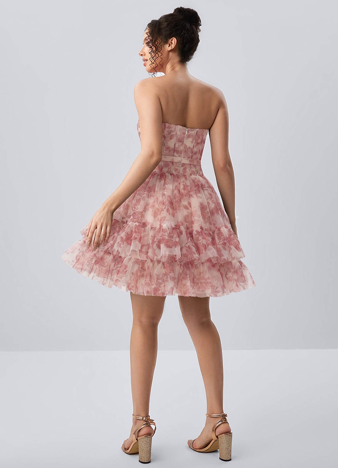 Mapalo A-Line Strapless Tulle Prom Dress in Pink Leaf