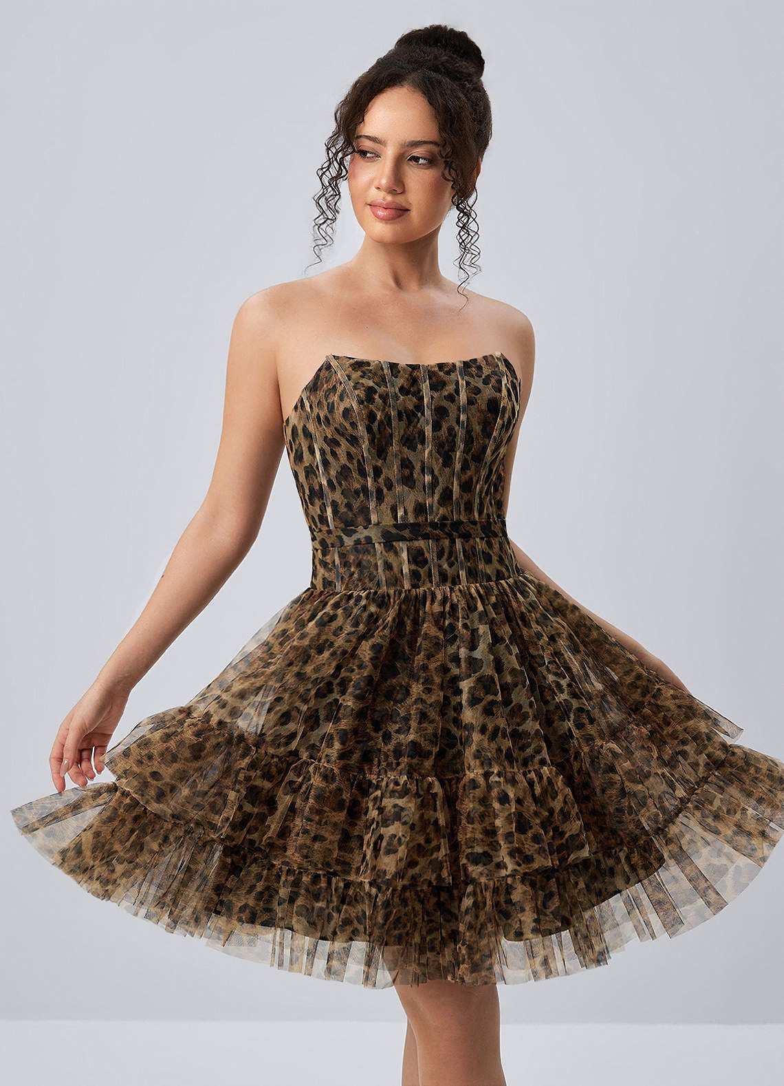 Mapalo A-Line Strapless Tulle Prom Dress in Pink Leaf