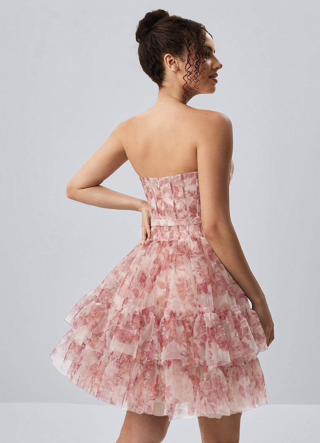 Mapalo A-Line Strapless Tulle Prom Dress in Pink Leaf