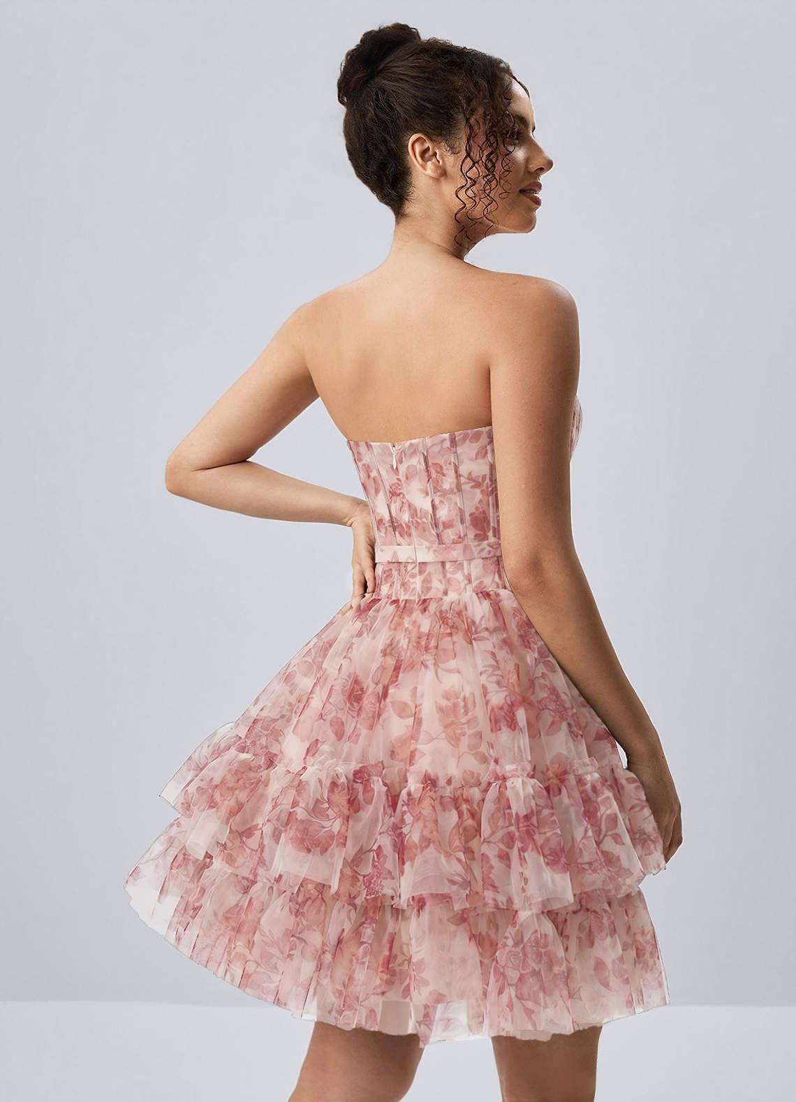 Mapalo A-Line Strapless Tulle Prom Dress in Pink Leaf