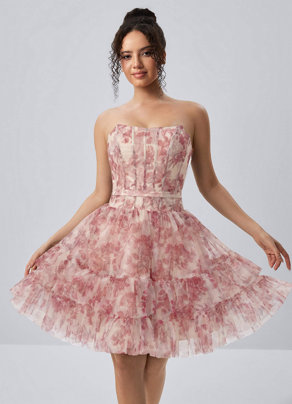 Mapalo A-Line Strapless Tulle Prom Dress in Pink Leaf