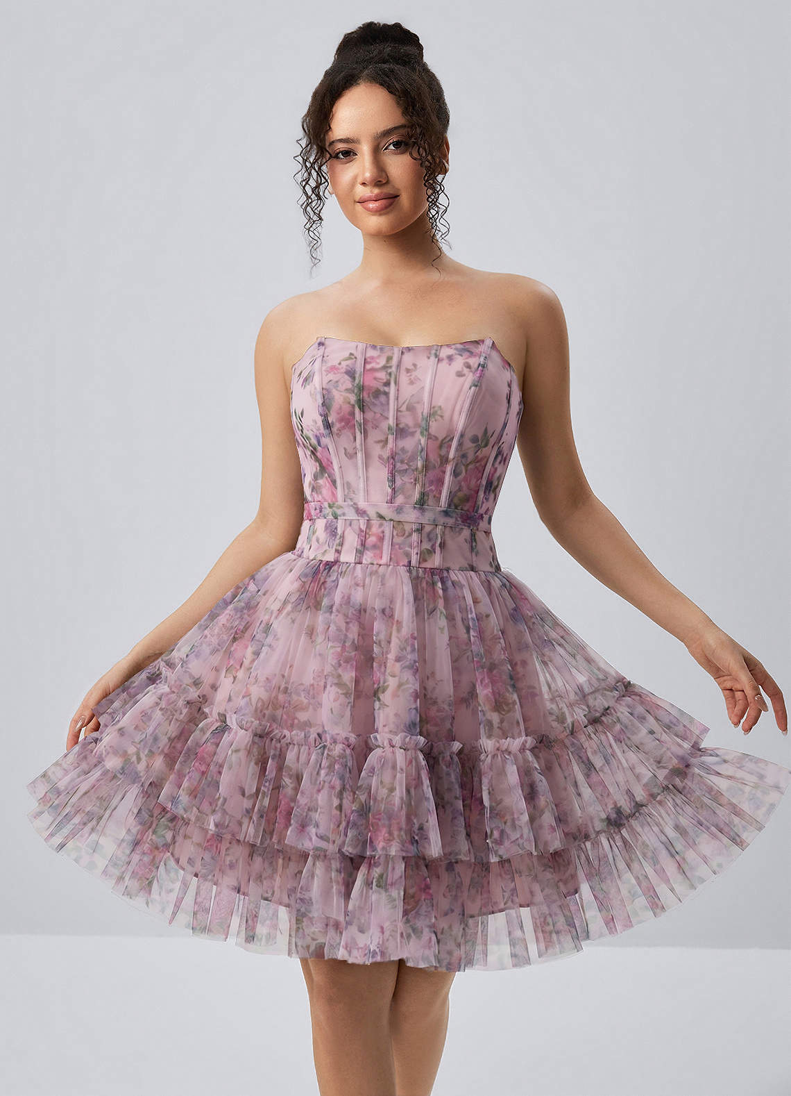 Mapalo A-Line Strapless Tulle Prom Dress in Pink Leaf