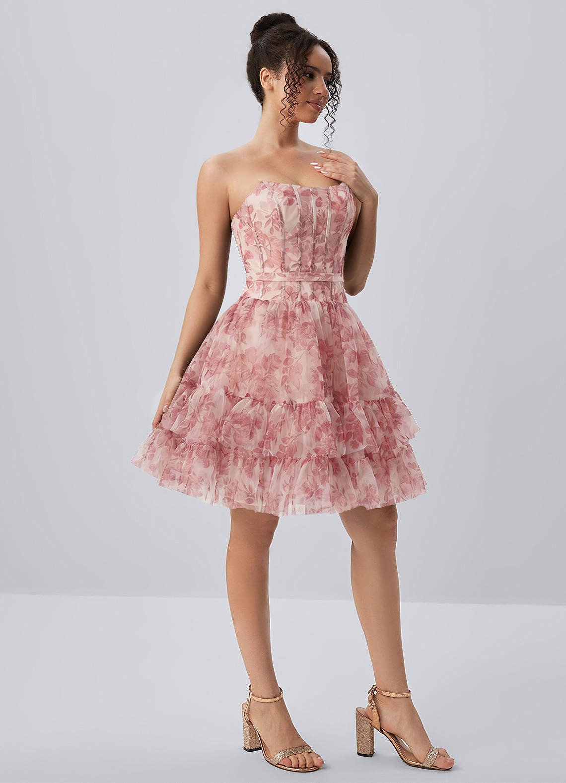 Mapalo A-Line Strapless Tulle Prom Dress in Pink Leaf