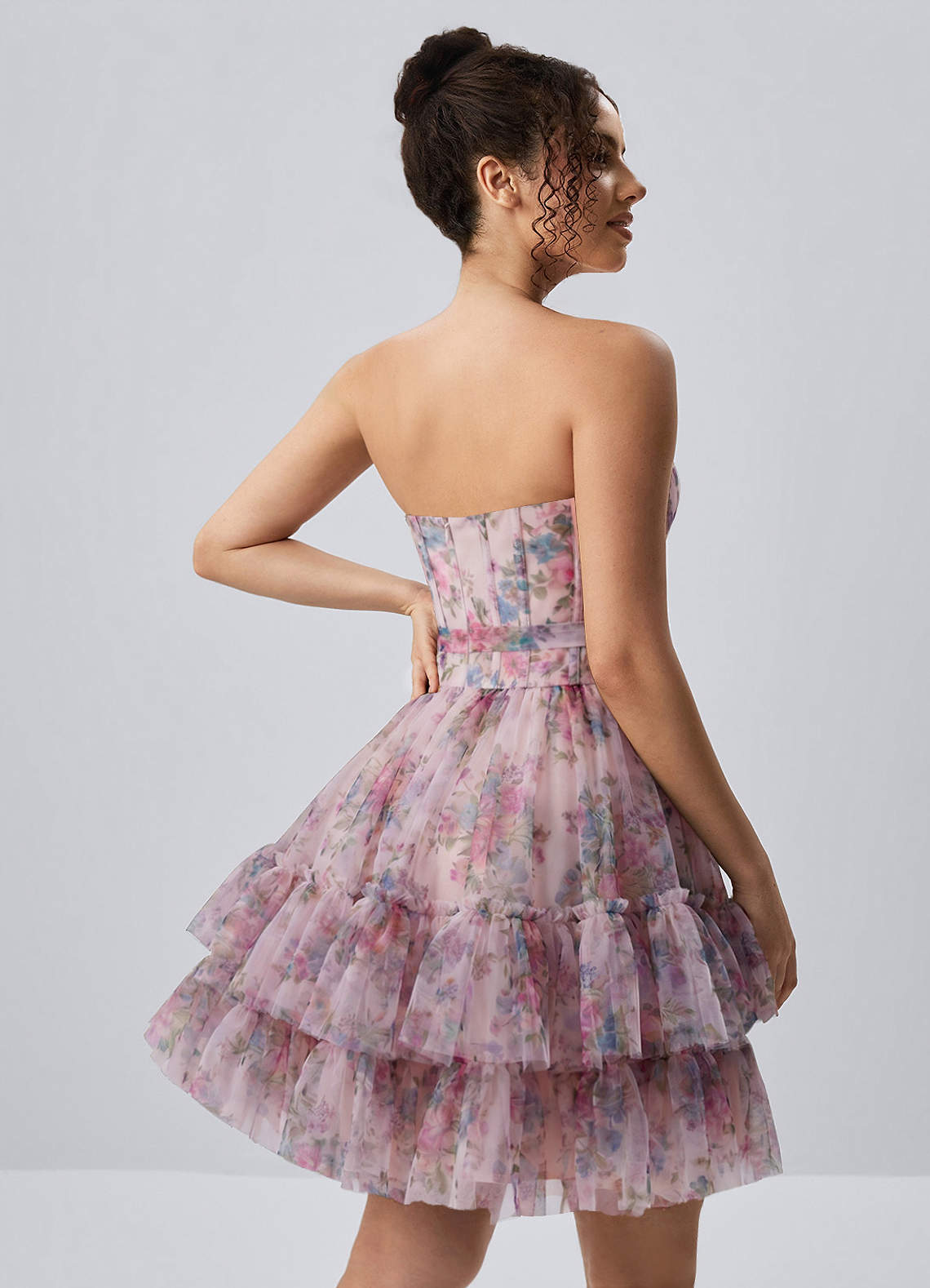 Mapalo A-Line Strapless Tulle Prom Dress in Pink Floral