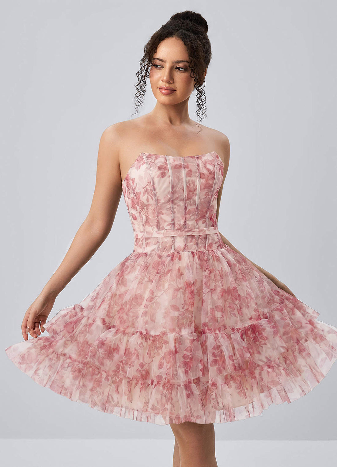Mapalo A-Line Strapless Tulle Prom Dress in Pink Leaf