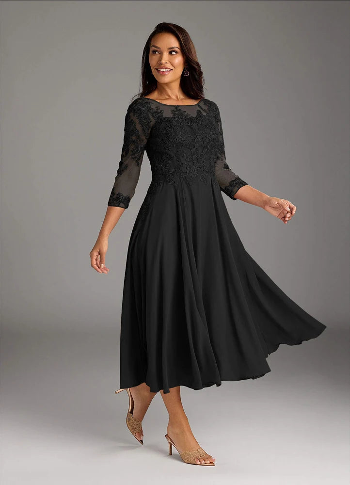 Marge A-Line Scoop-Neck Chiffon and Lace Mother of the Bride Dress in Black
