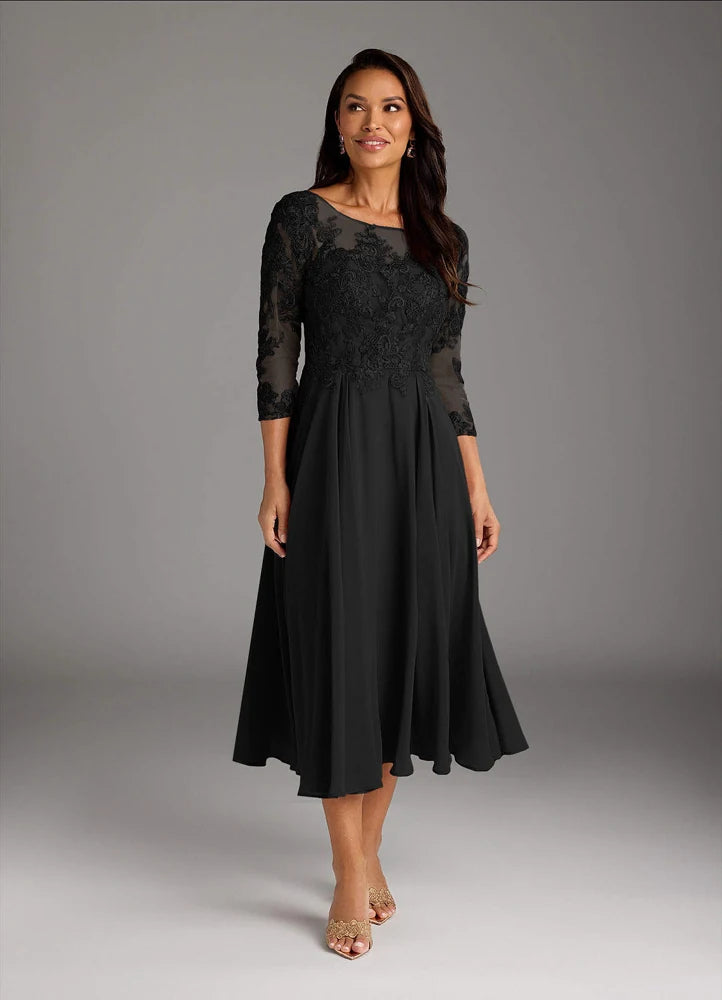 Marge A-Line Scoop-Neck Chiffon and Lace Mother of the Bride Dress in Black