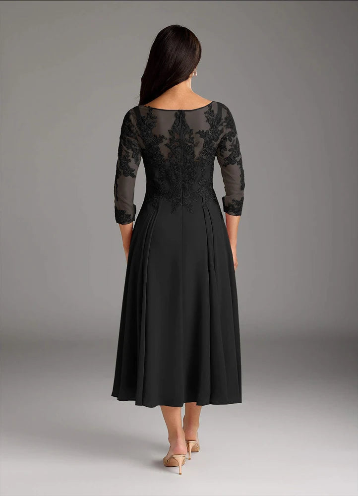 Marge A-Line Scoop-Neck Chiffon and Lace Mother of the Bride Dress in Black