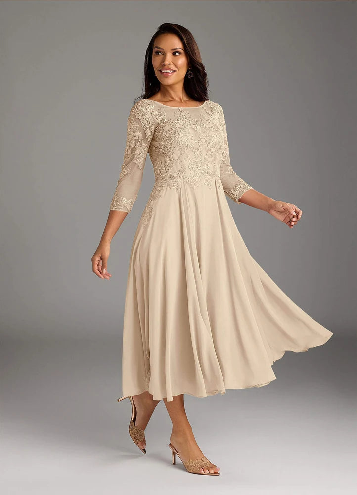 Marge A-Line Scoop-Neck Chiffon and Lace Mother of the Bride Dress in Champagne