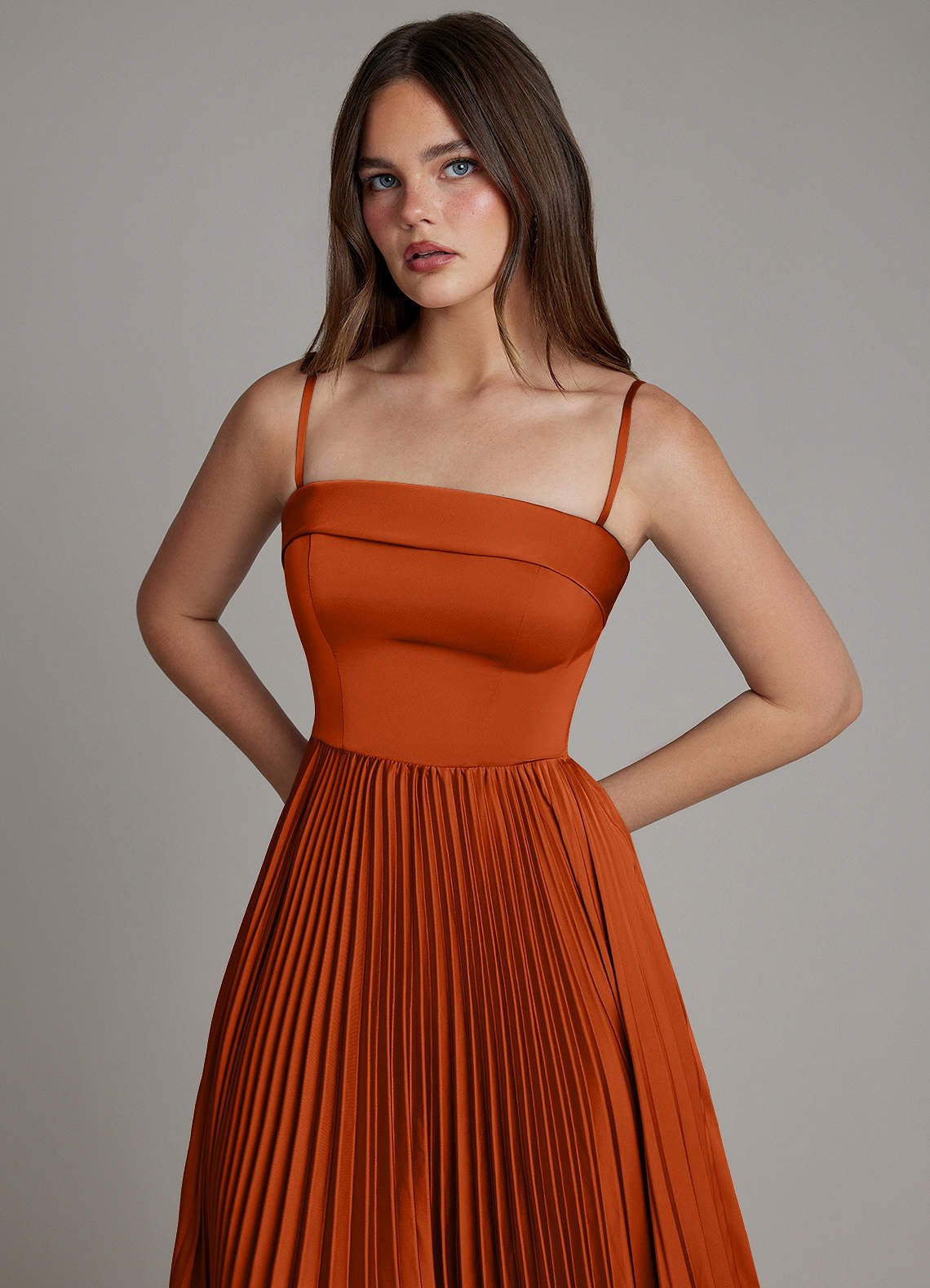 Mariana A-Line Straight-Neck Stretch Satin Bridesmaid Dress in Burnt Orange