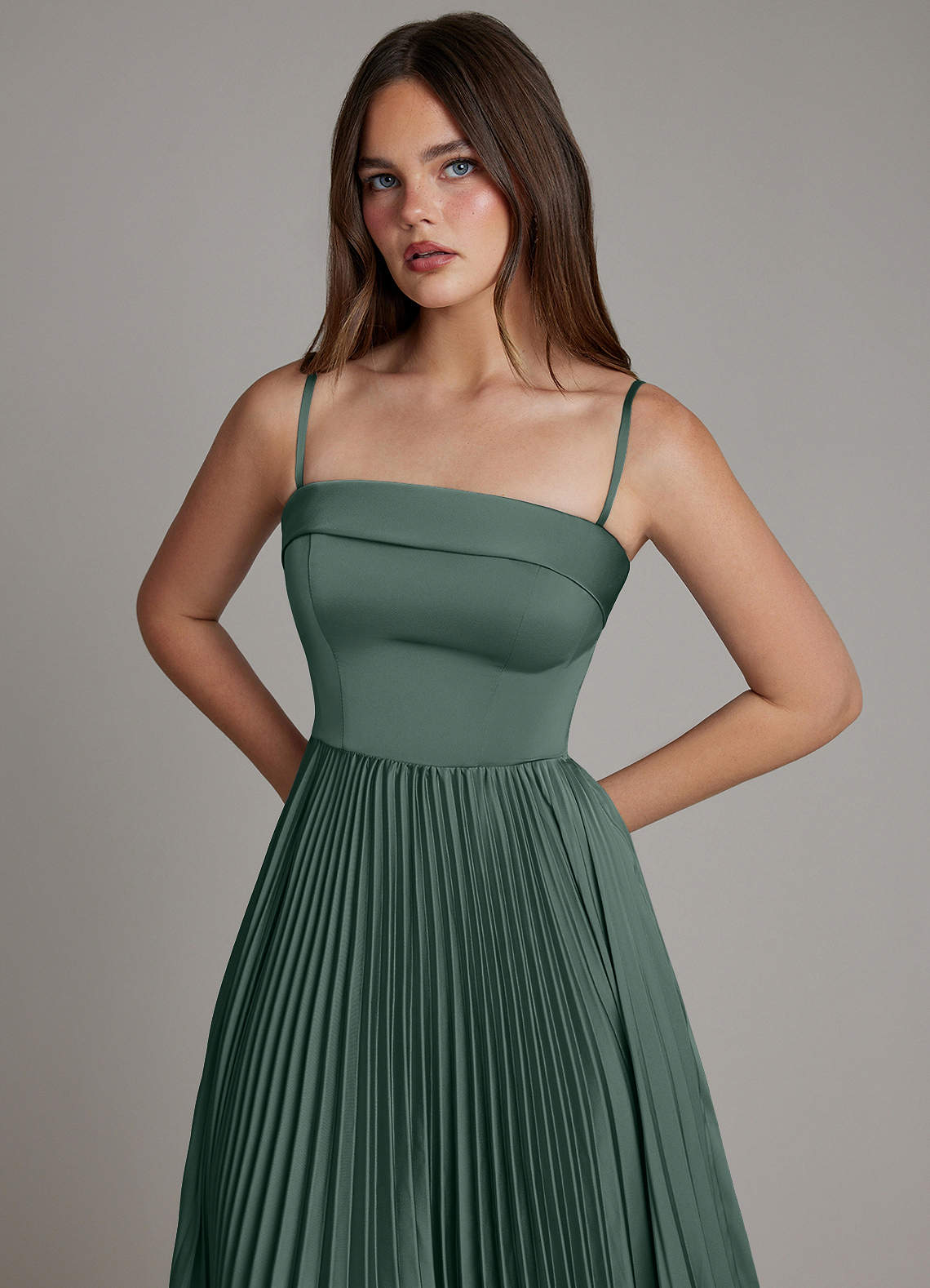 Mariana A-Line Straight-Neck Stretch Satin Bridesmaid Dress in Sea Moss