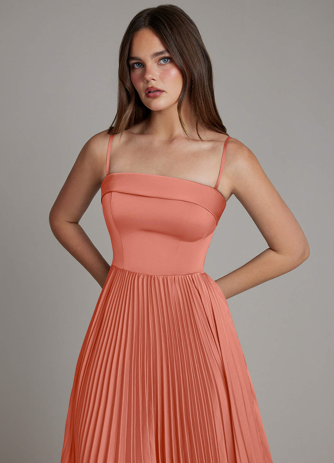 Mariana A-Line Straight-Neck Stretch Satin Bridesmaid Dress in Salmon Pink