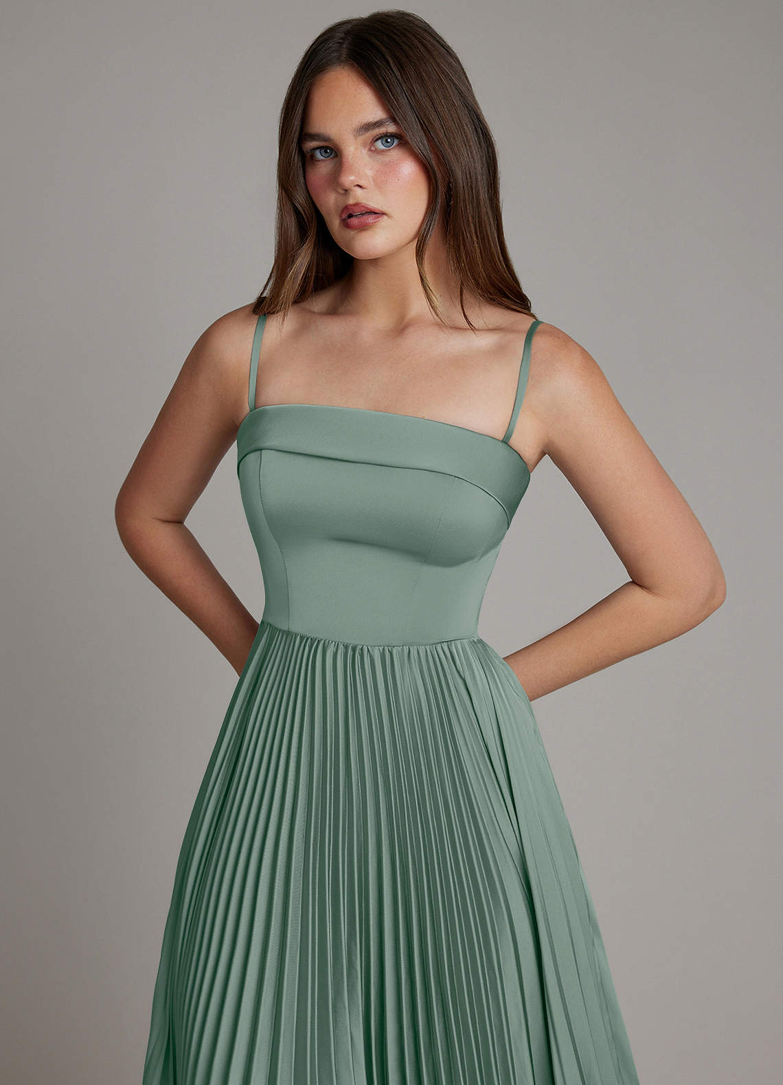 Mariana A-Line Straight-Neck Stretch Satin Bridesmaid Dress in Silver Sage