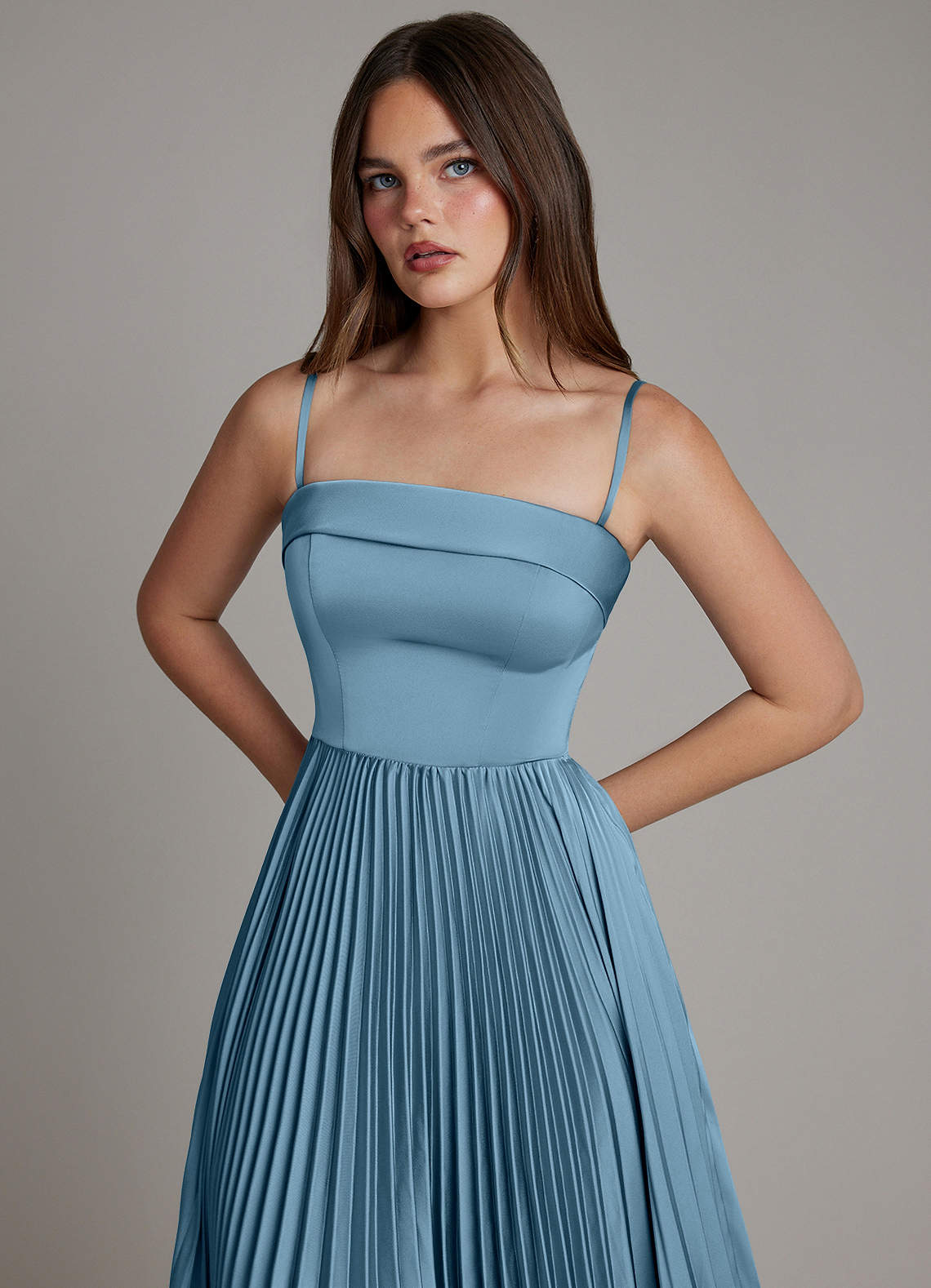 Mariana A-Line Straight-Neck Stretch Satin Bridesmaid Dress in Steel Blue