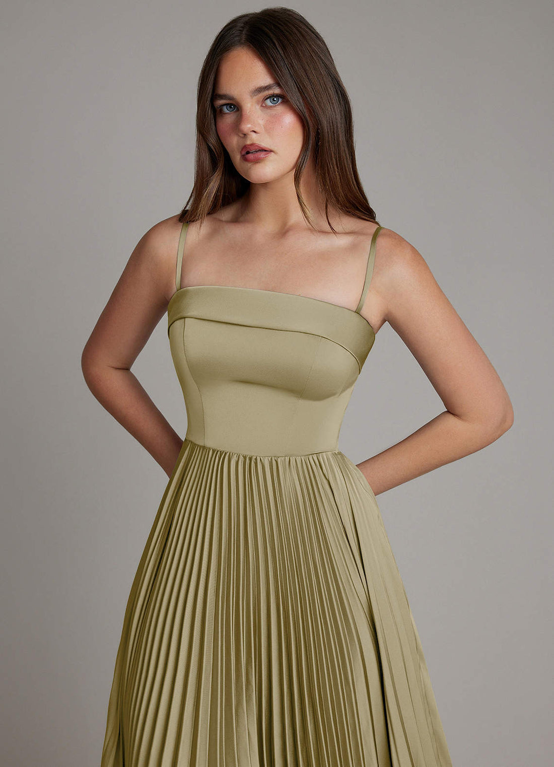 Mariana A-Line Straight-Neck Stretch Satin Bridesmaid Dress in Moss Green