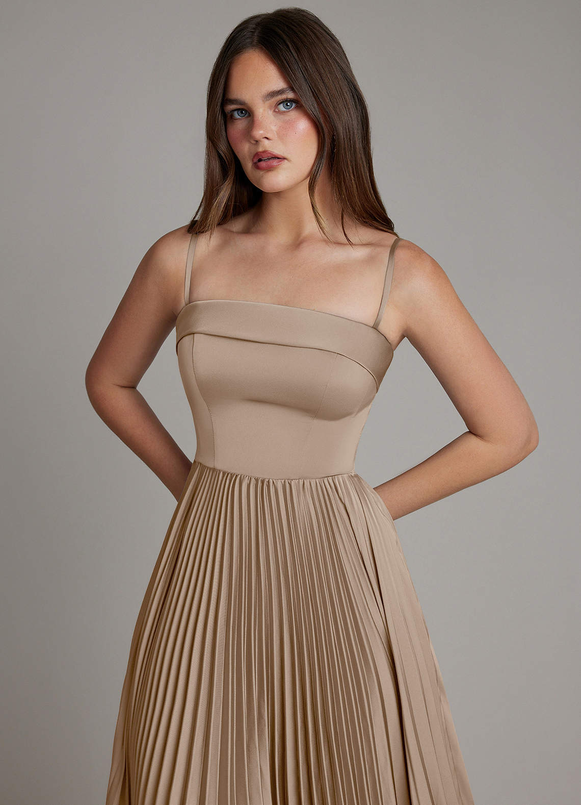 Mariana A-Line Straight-Neck Stretch Satin Bridesmaid Dress in Taupe