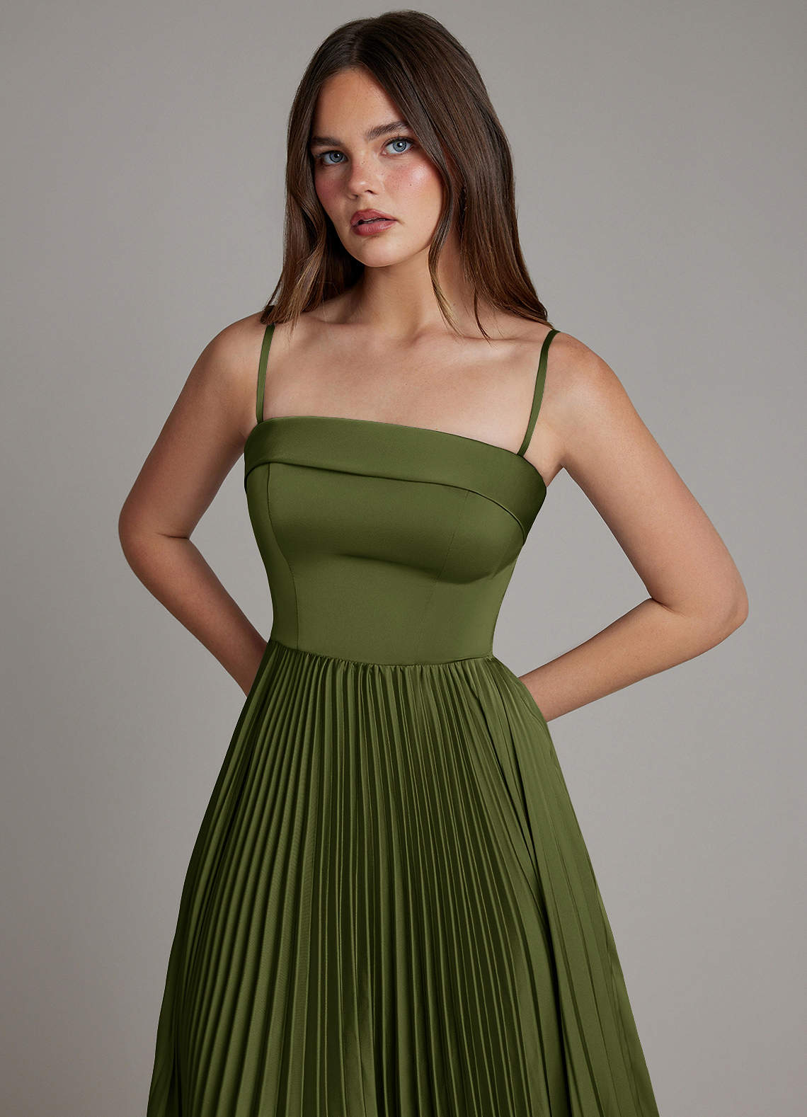 Mariana A-Line Straight-Neck Stretch Satin Bridesmaid Dress in Olive