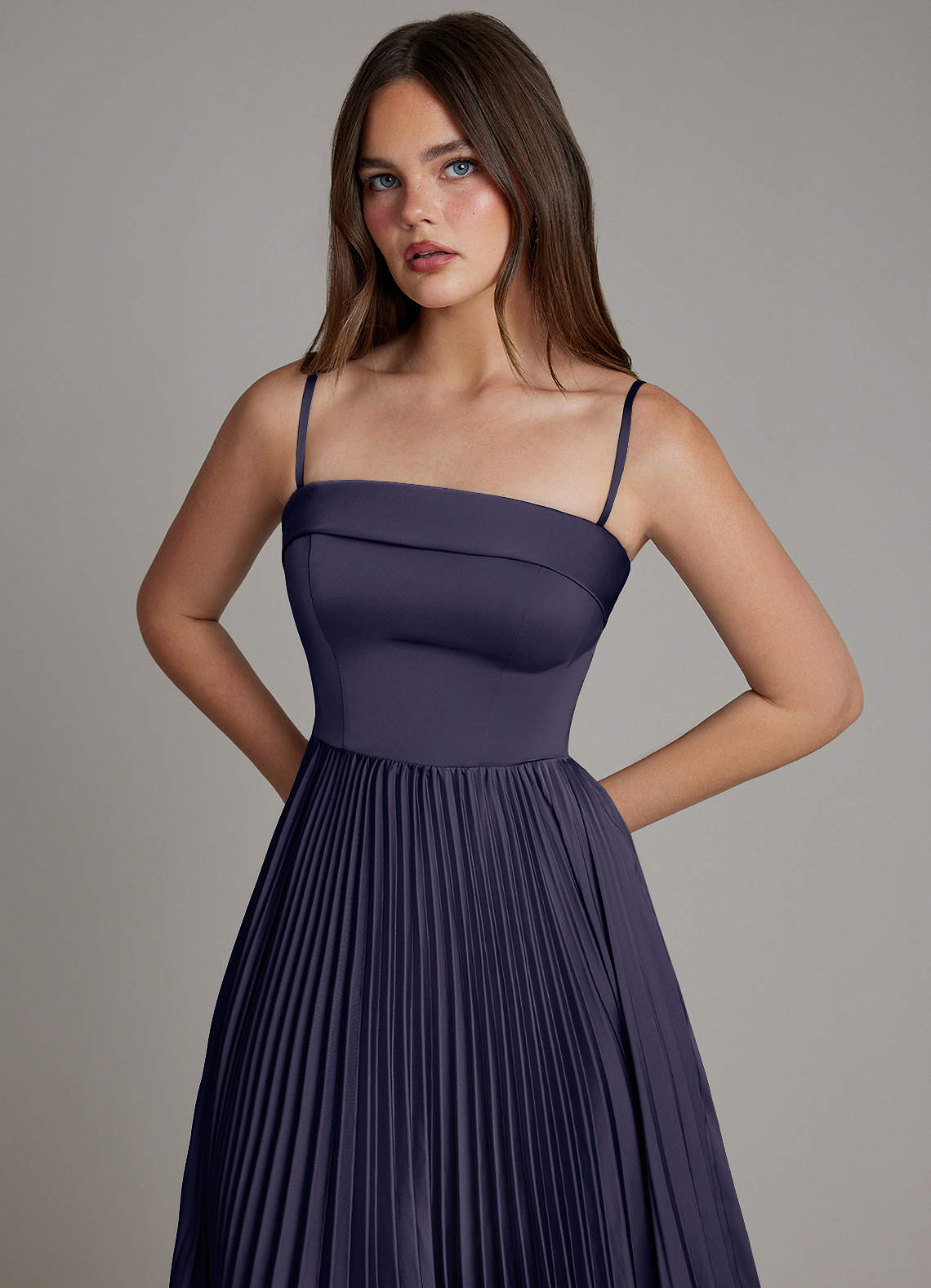 Mariana A-Line Straight-Neck Stretch Satin Bridesmaid Dress in Stormy