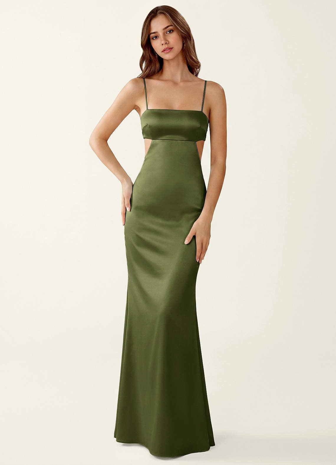 Mariannella Mermaid Open-Back Satin Prom Dress in Olive