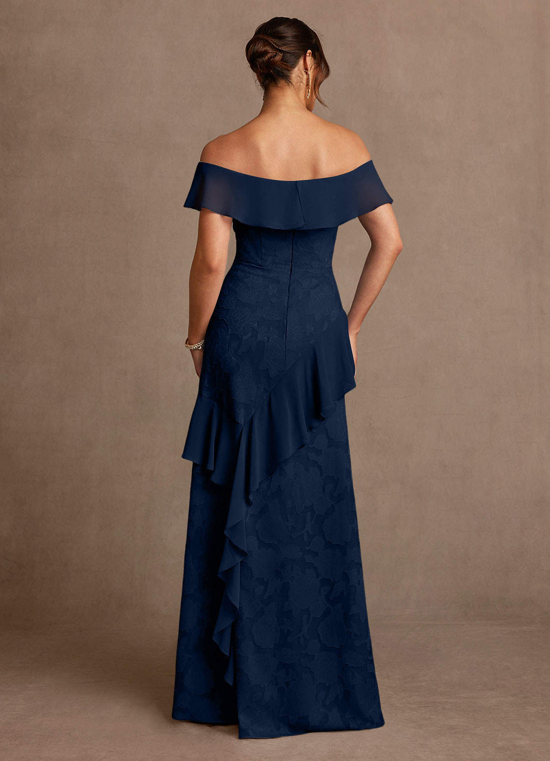 Marina A-Line Off-the-Shoulder Chiffon and Floral Burnout Mother of the Bride Dress in Dark Navy