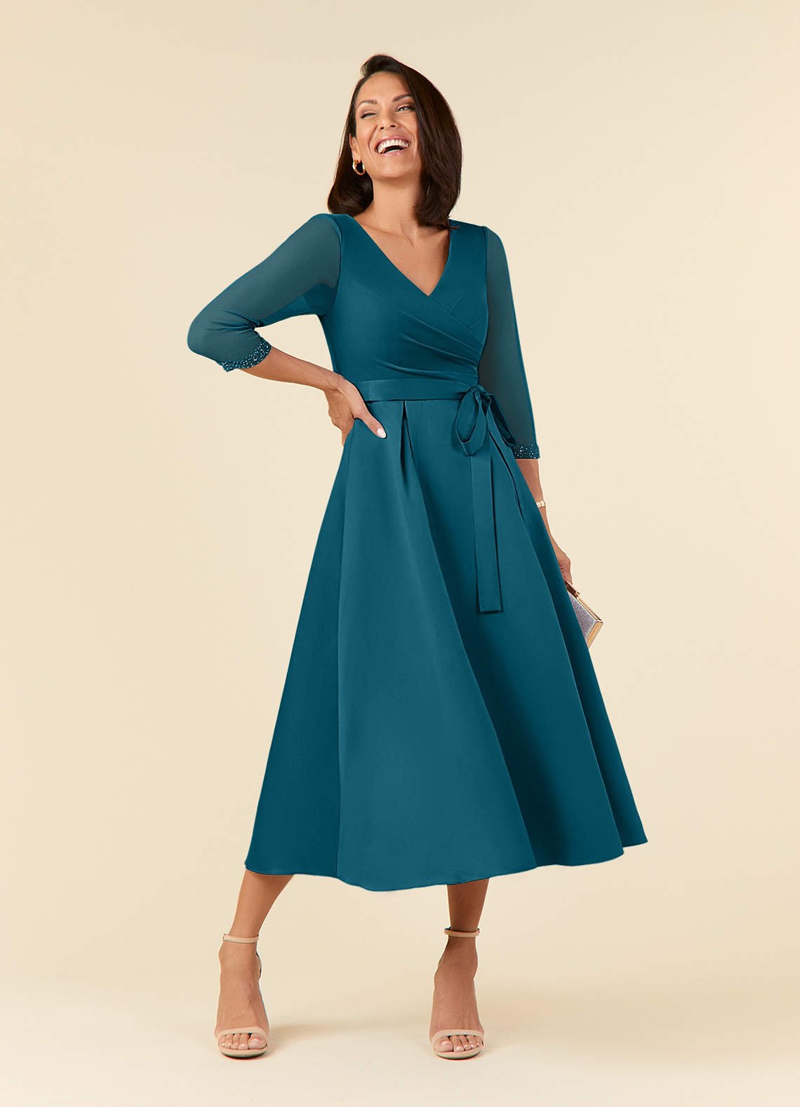 Maritza A-Line V-Neck Mesh and Matte Satin Mother of the Bride Dress in Ink Blue
