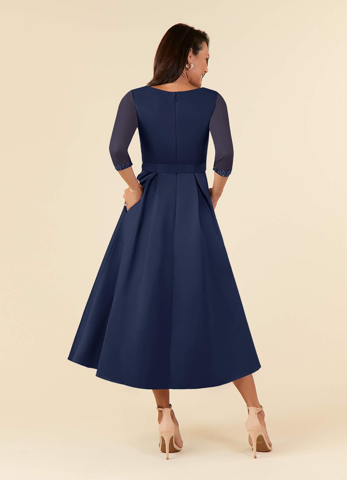 Maritza A-Line V-Neck Mesh and Matte Satin Mother of the Bride Dress in Dark Navy