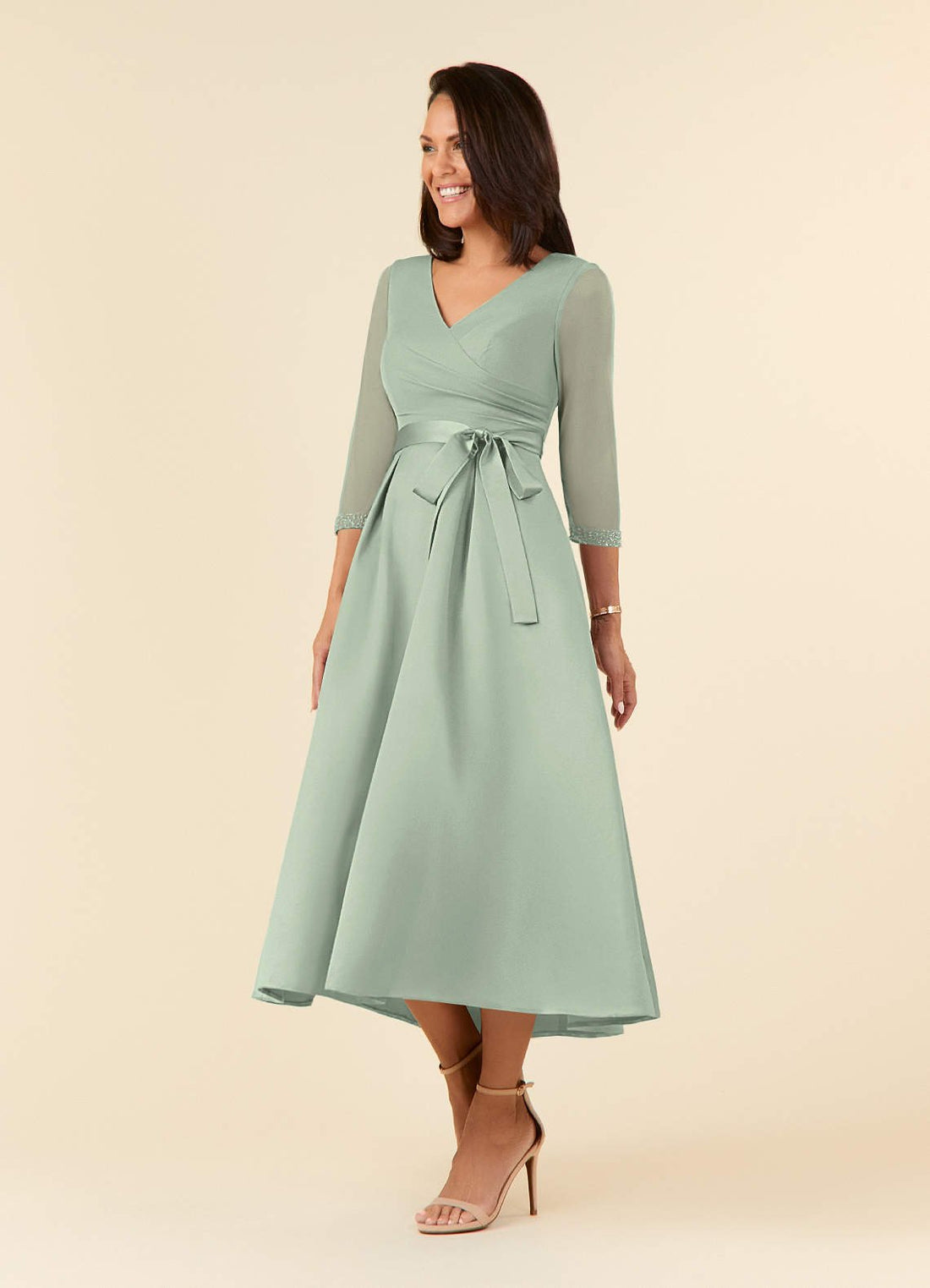 Maritza A-Line V-Neck Mesh and Matte Satin Mother of the Bride Dress in Dusty Sage