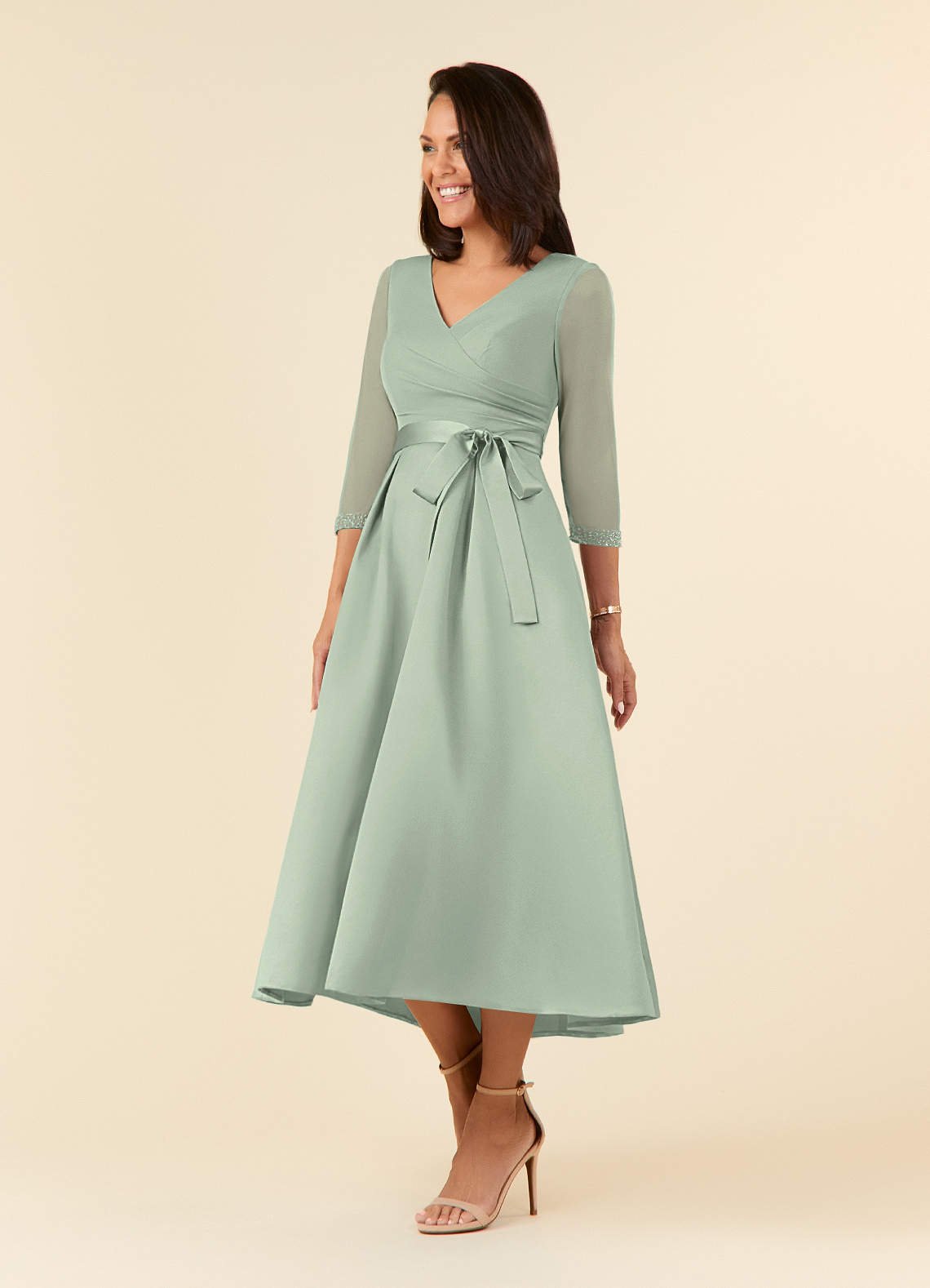 Maritza A-Line V-Neck Mesh and Matte Satin Mother of the Bride Dress in Dusty Sage