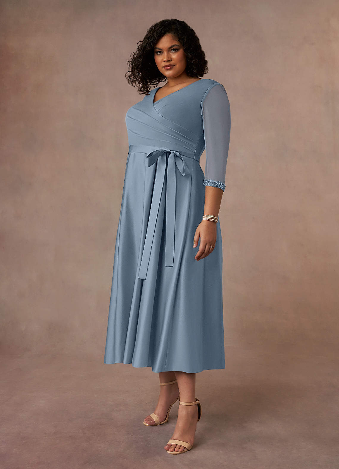 Maritza A-Line V-Neck Mesh and Matte Satin Mother of the Bride Dress