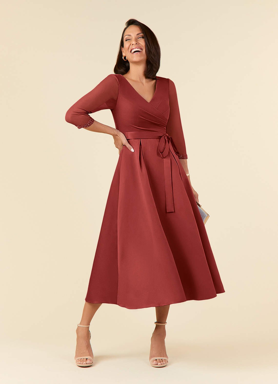 Maritza A-Line V-Neck Mesh and Matte Satin Mother of the Bride Dress in Burgundy