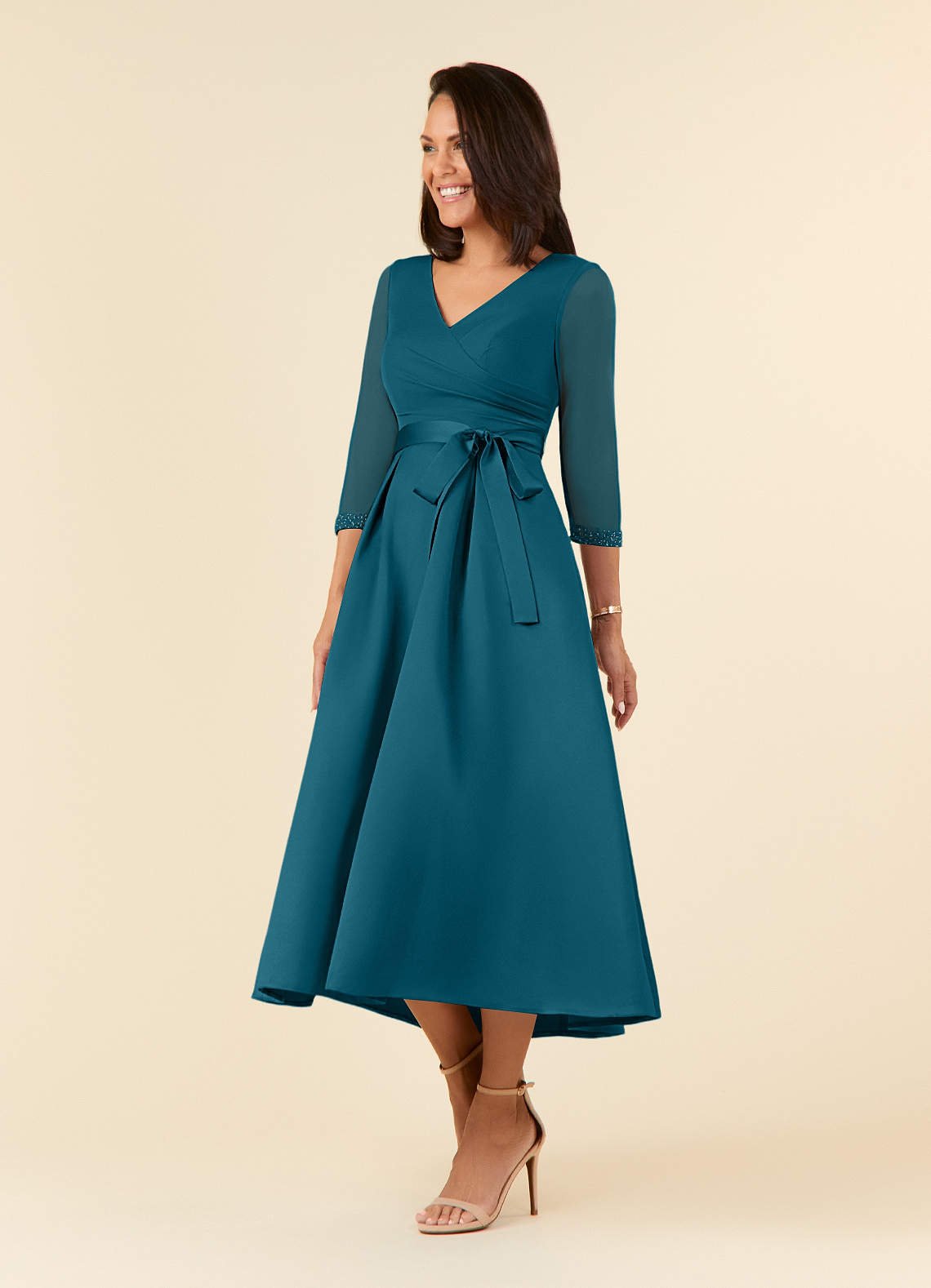 Maritza A-Line V-Neck Mesh and Matte Satin Mother of the Bride Dress in Ink Blue