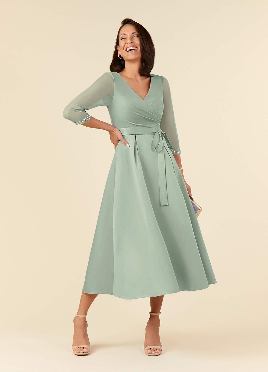 Maritza A-Line V-Neck Mesh and Matte Satin Mother of the Bride Dress in Dusty Sage