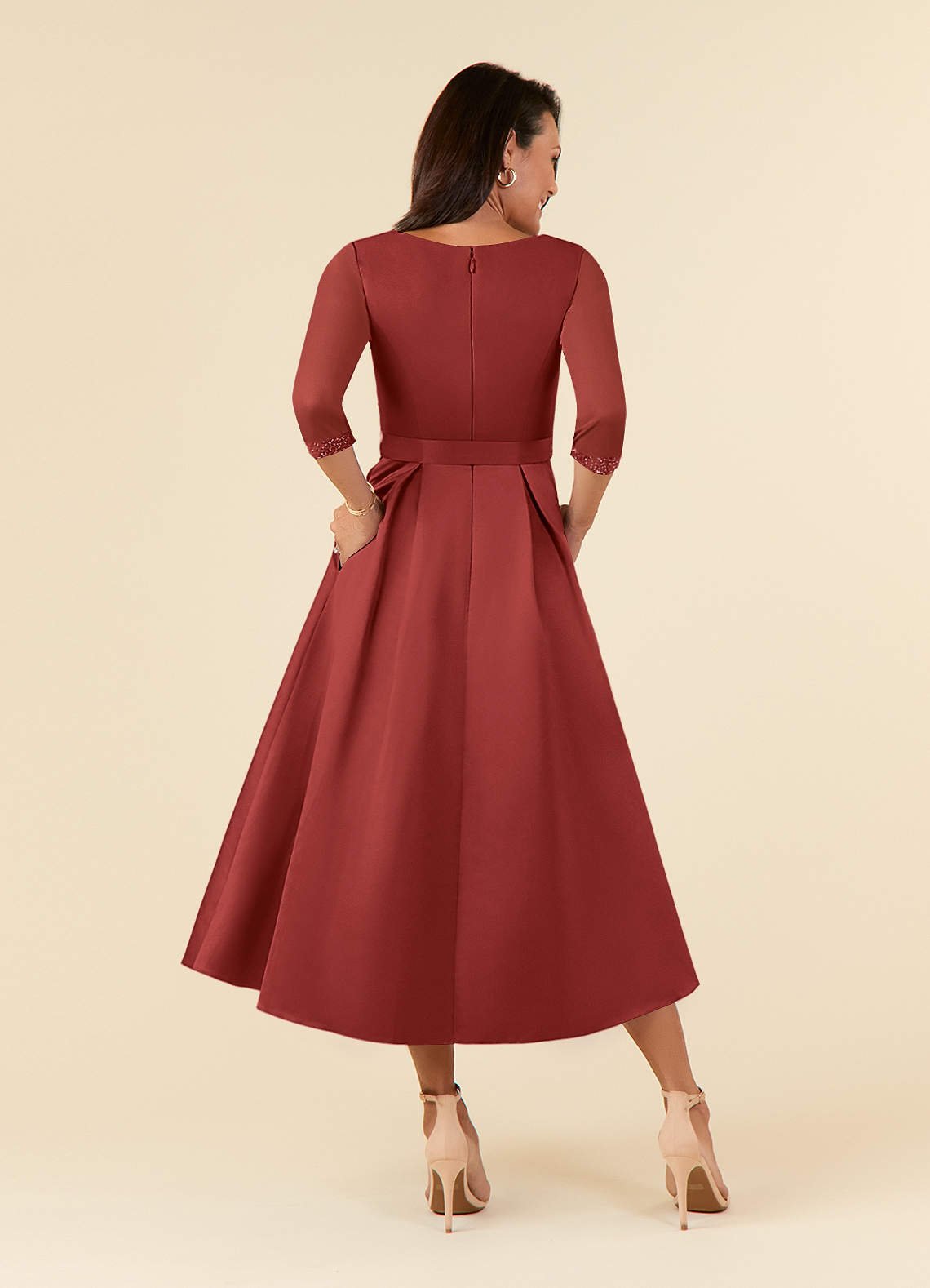 Maritza A-Line V-Neck Mesh and Matte Satin Mother of the Bride Dress in Burgundy
