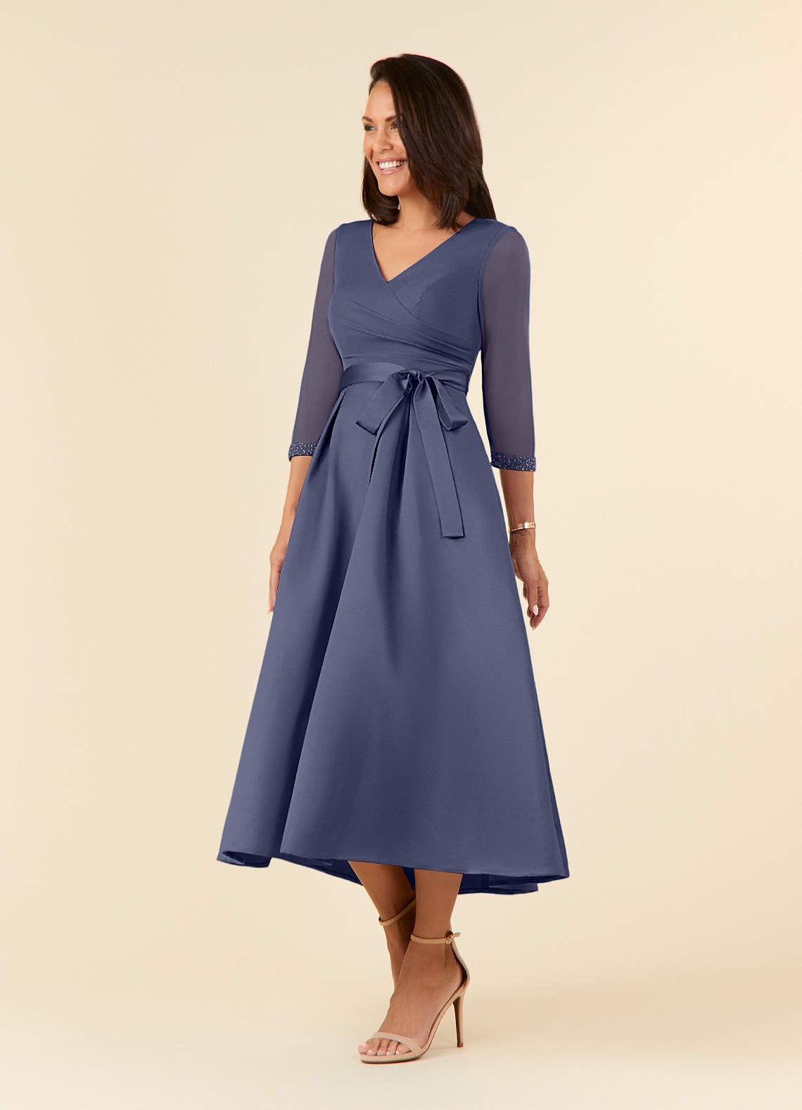 Maritza A-Line V-Neck Mesh and Matte Satin Mother of the Bride Dress in Stormy