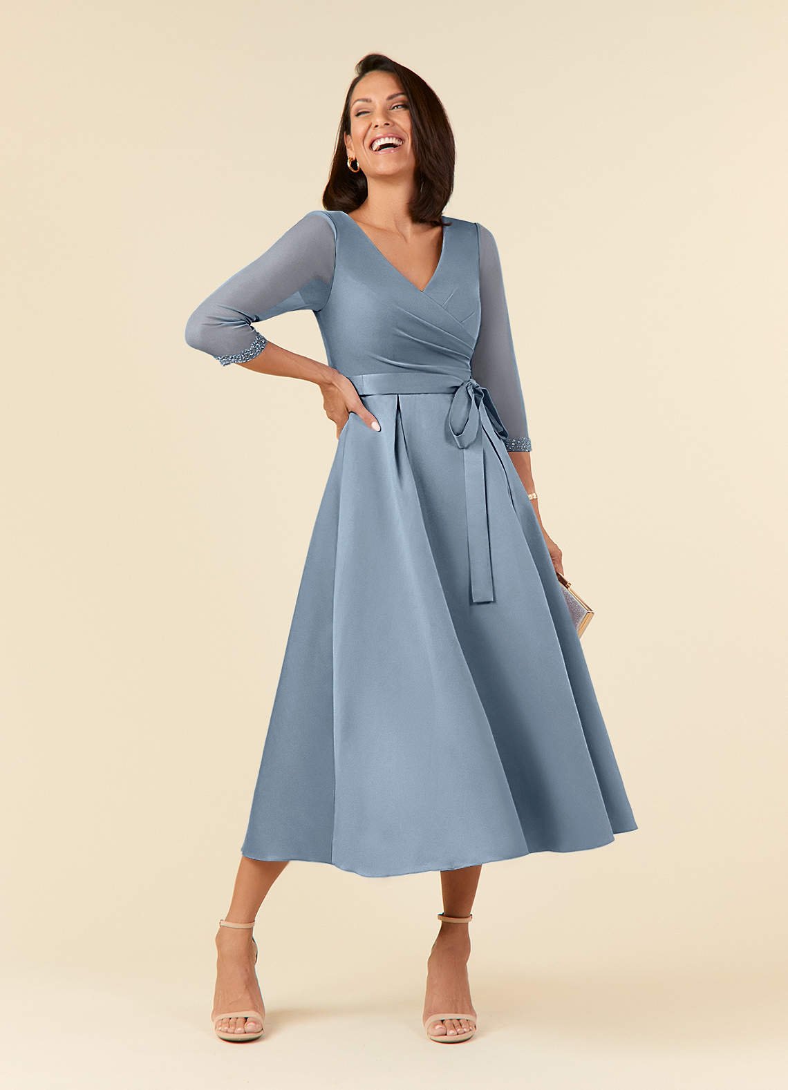 Maritza A-Line V-Neck Mesh and Matte Satin Mother of the Bride Dress in dusty blue