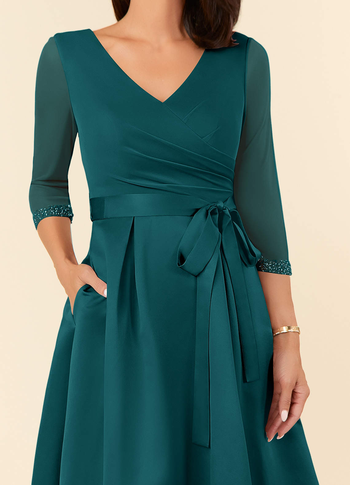 Maritza A-Line V-Neck Mesh and Matte Satin Mother of the Bride Dress in Peacock