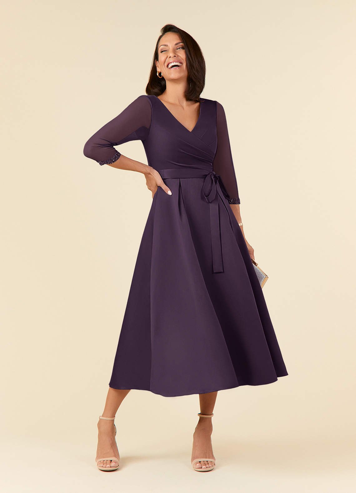 Maritza A-Line V-Neck Mesh and Matte Satin Mother of the Bride Dress in Plum