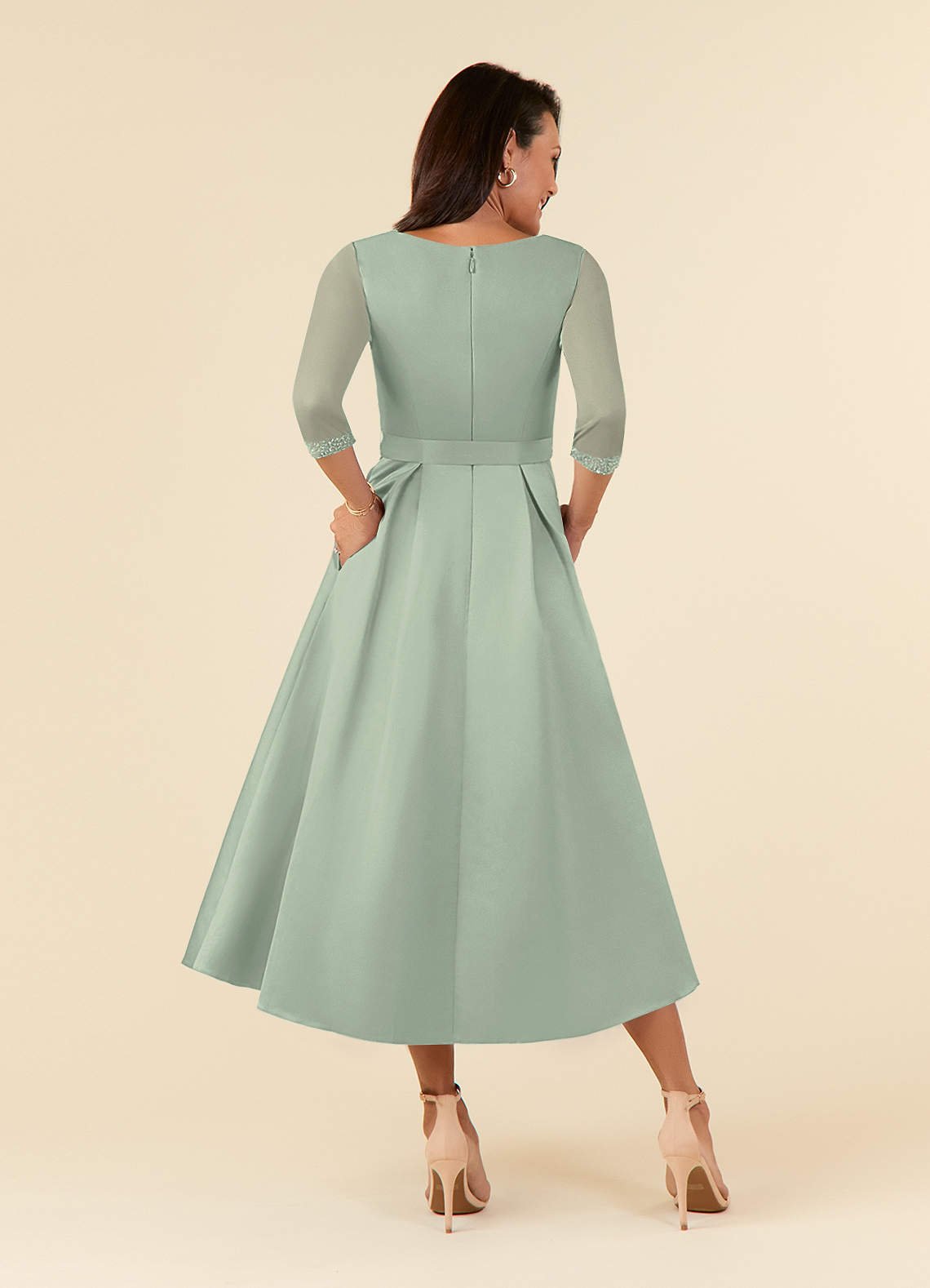 Maritza A-Line V-Neck Mesh and Matte Satin Mother of the Bride Dress in Dusty Sage