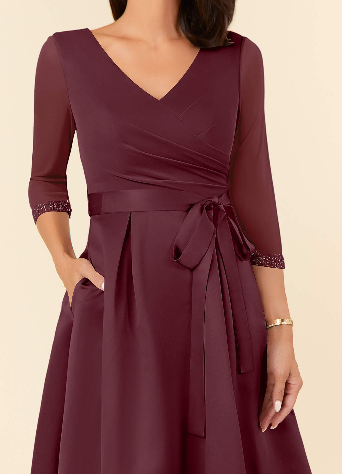 Maritza A-Line V-Neck Mesh and Matte Satin Mother of the Bride Dress in Cabernet
