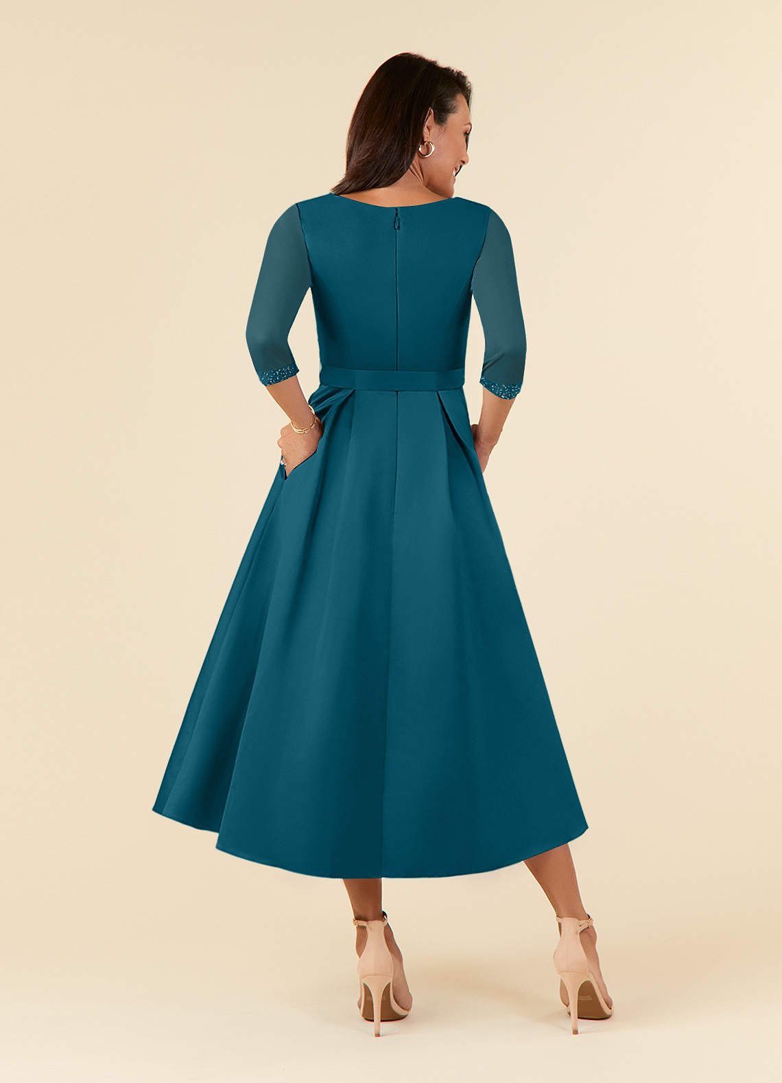 Maritza A-Line V-Neck Mesh and Matte Satin Mother of the Bride Dress in Ink Blue