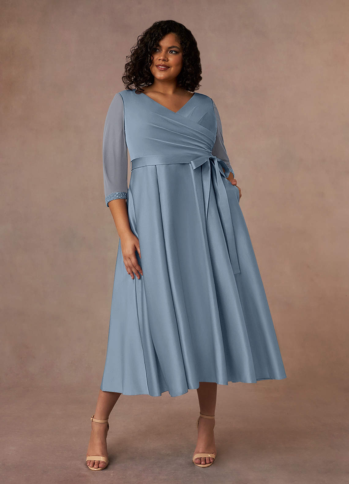 Maritza A-Line V-Neck Mesh and Matte Satin Mother of the Bride Dress