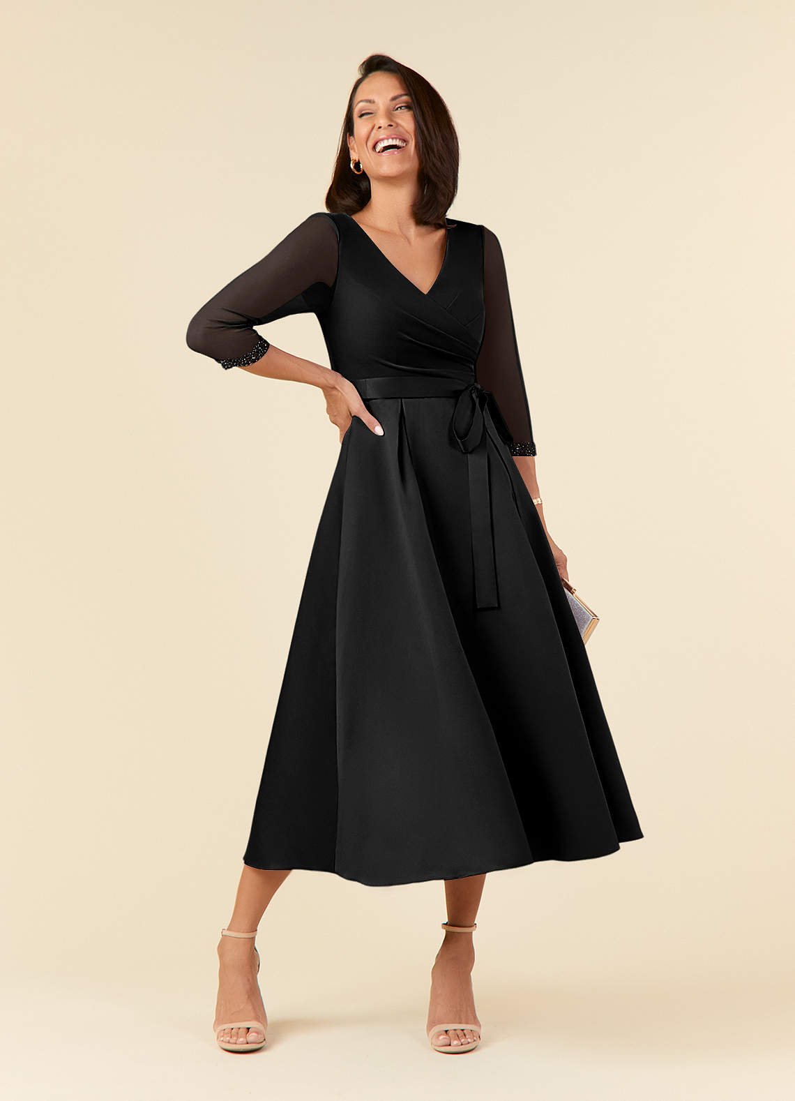 Maritza A-Line V-Neck Mesh and Matte Satin Mother of the Bride Dress in black