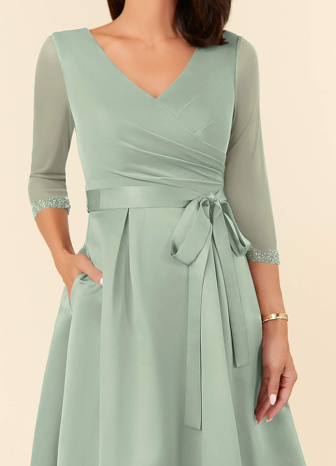 Maritza A-Line V-Neck Mesh and Matte Satin Mother of the Bride Dress in Dusty Sage